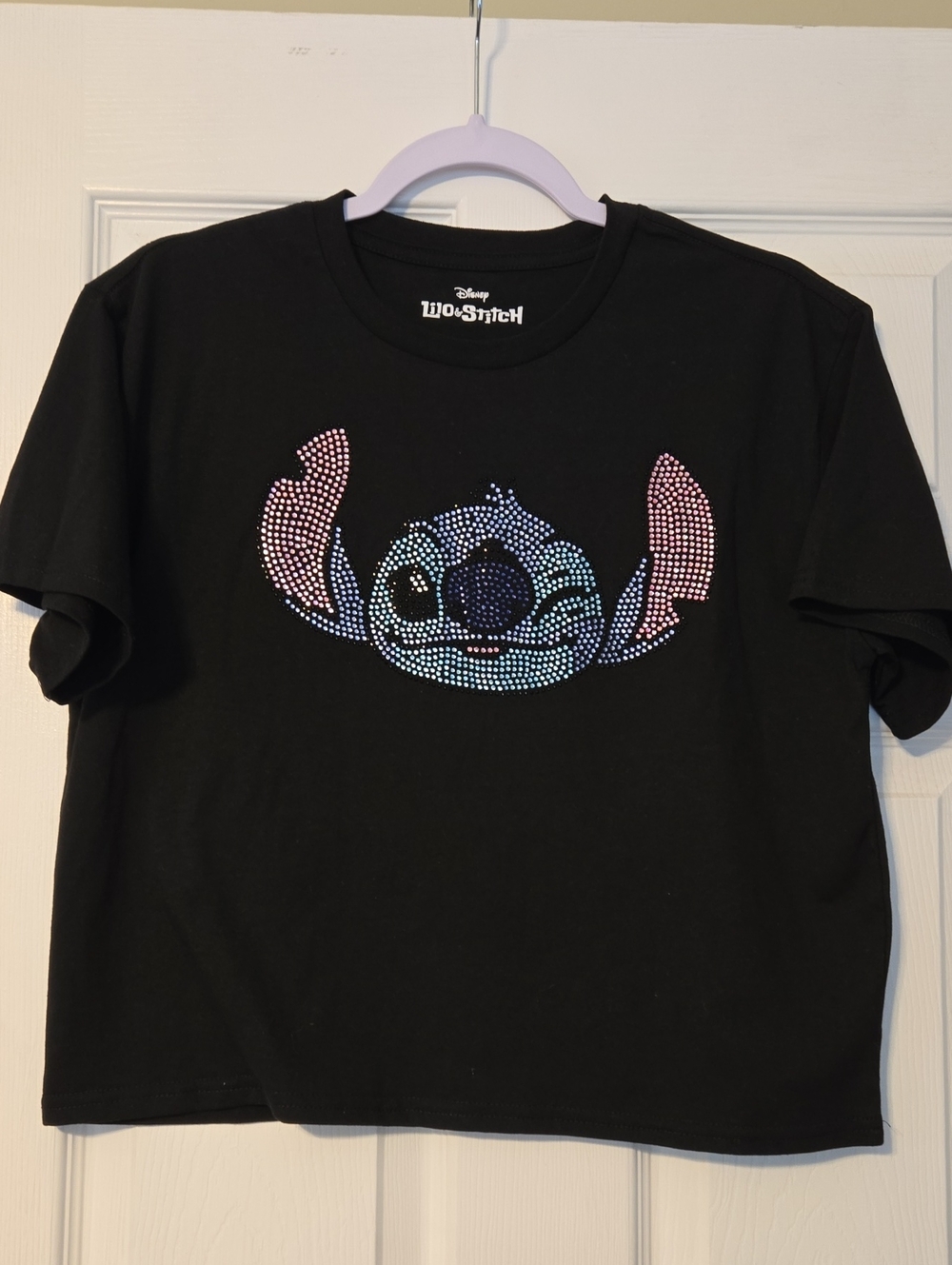Lilo & Stich Disney Black Tee with Pink & Blue Rhinestone Stitch Graphic
